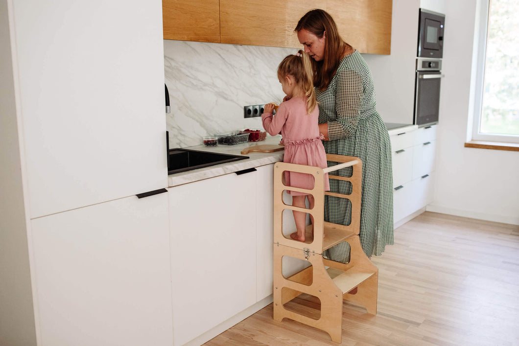 Multifunksjonell Montessori Kjøkkenhjelper 2 i 1 NATURE barnestol + bord + sklie