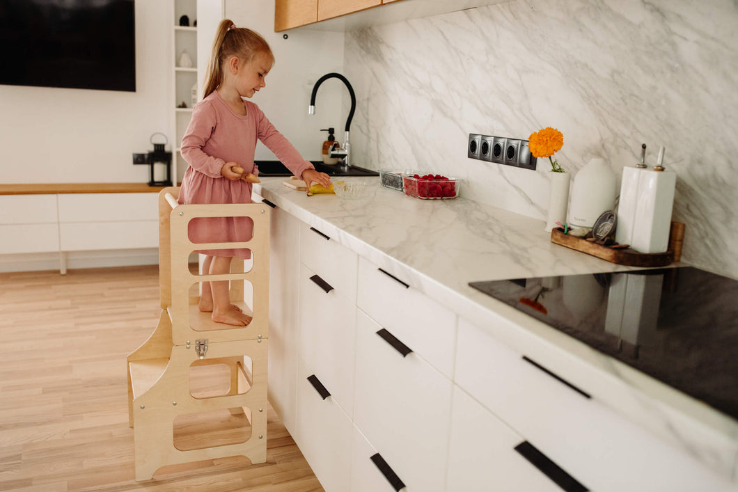 Multifunksjonell Montessori Kjøkkenhjelper 2 i 1 barnestol + bord NATURE